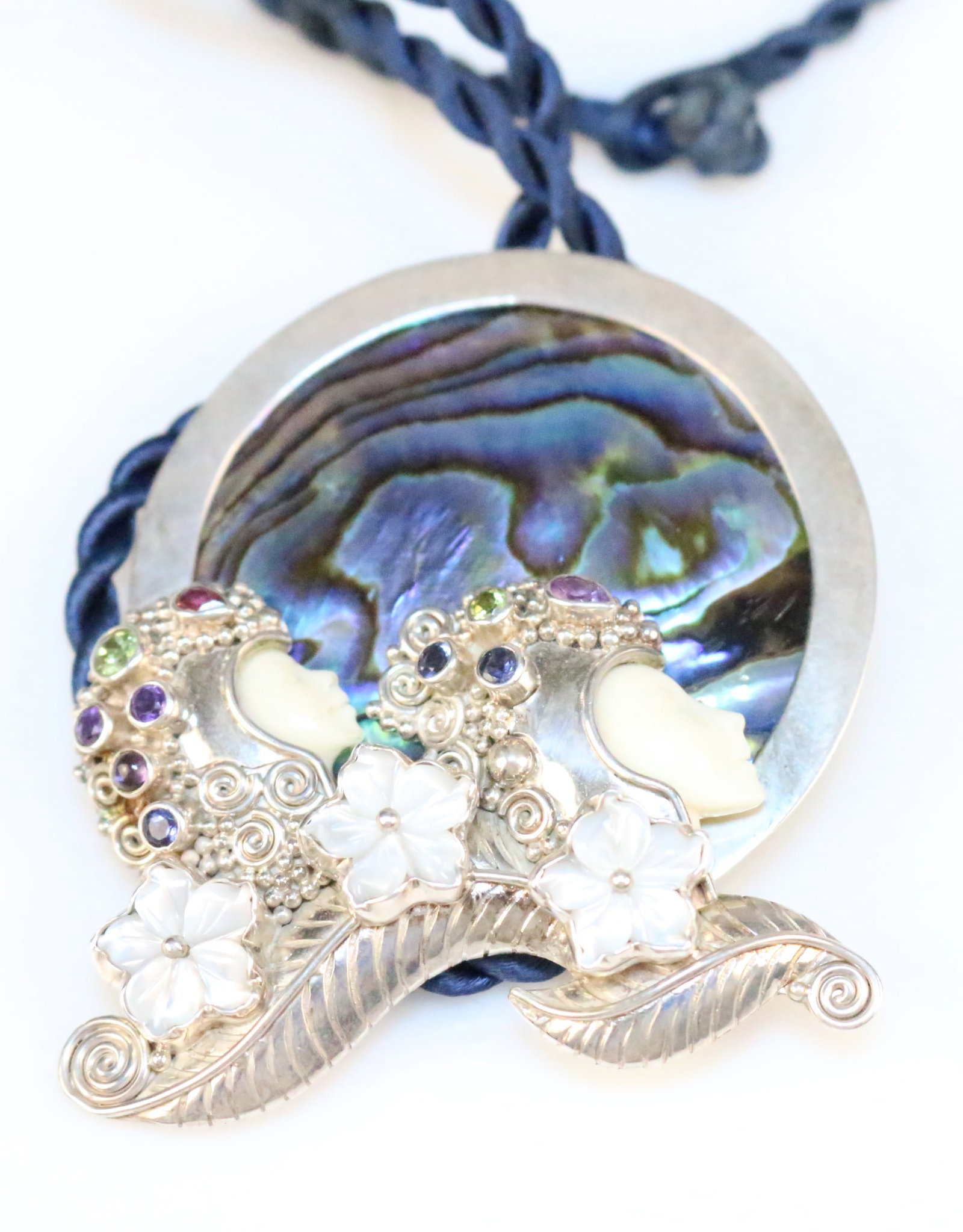 RARE HUGE Abalone SAJEN Carved bone Goddess Sterling silver Brooch Pendant Necklace: Phenomenal brooch pendant the size of a large palm! Over 3" wide! Features 2 Goddesses, flowers, gemstones leaves all set in sterling silver on a massive blue abalone shell 2.25" diameter. Gemstones a