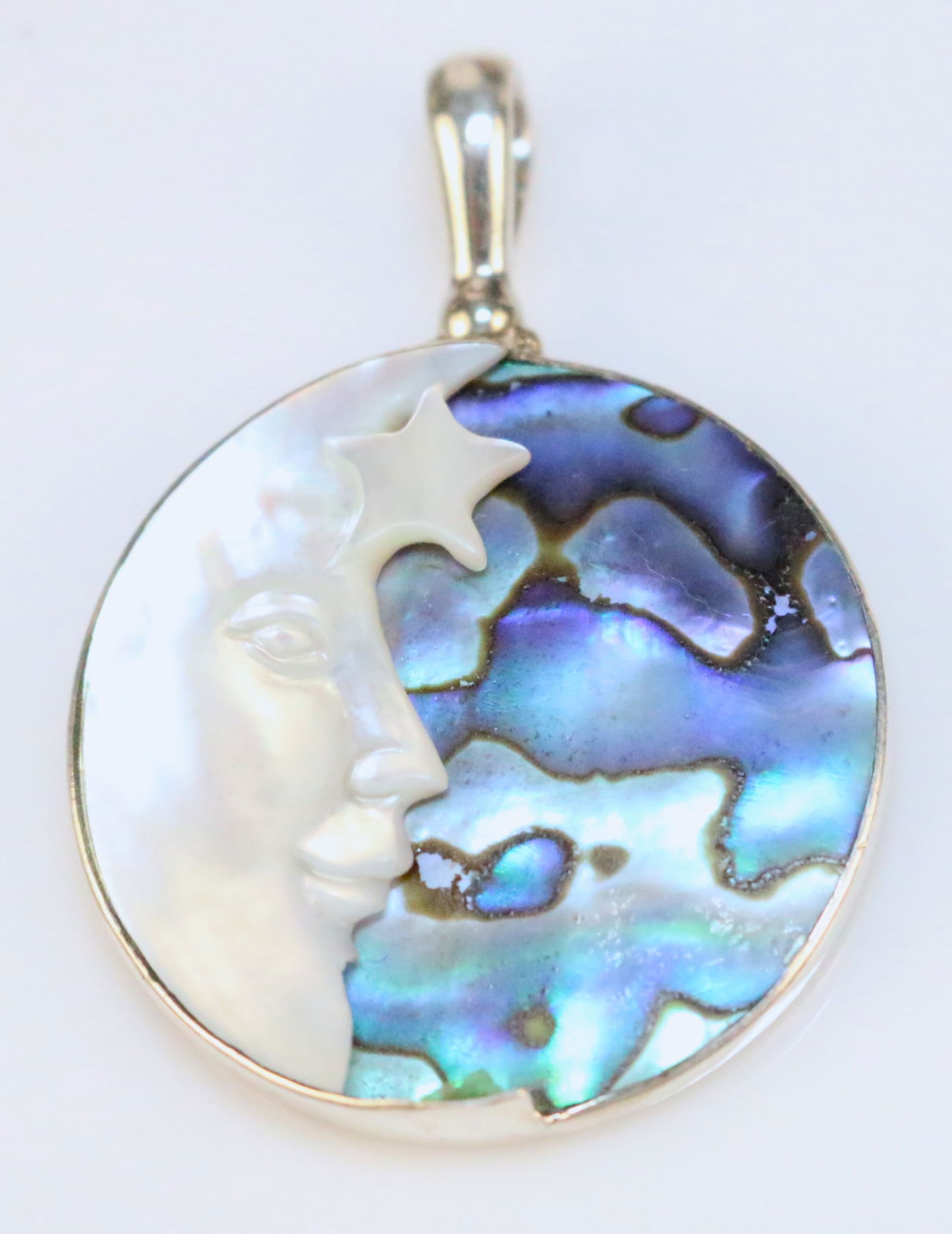 RARE SAJEN Carved Goddess Sterling silver Moon MOP & Abalone Pendant (1 of 2)