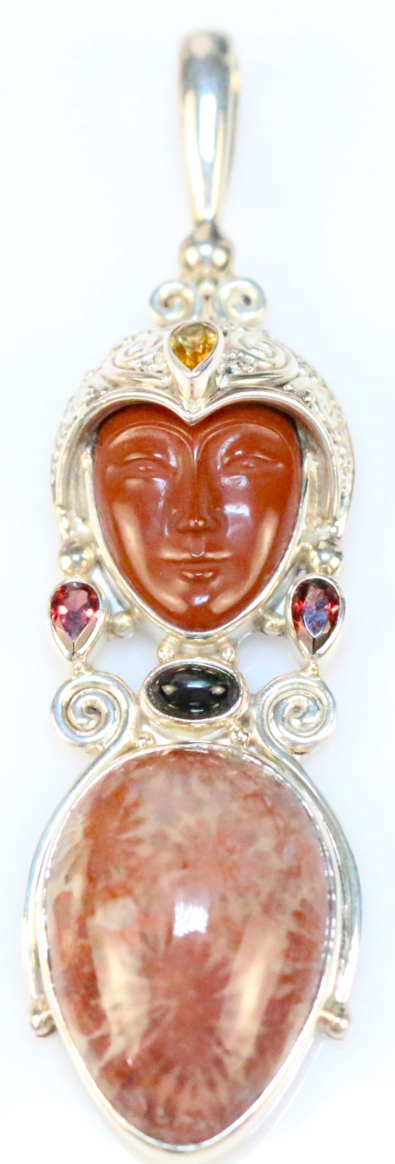 RARE SAJEN Carved Goddess Sterling silver Starburst Jasper Red Jasper Multi gemstone Large Pendant (1 of 4)