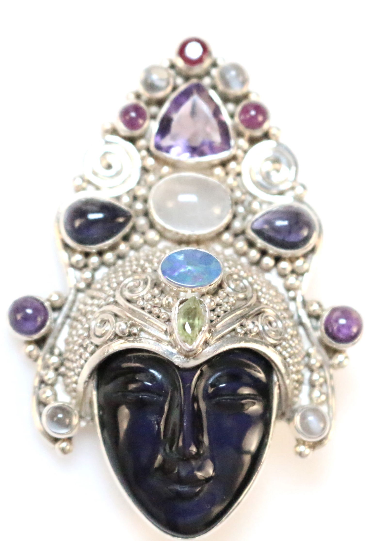 RARE SAJEN Black Stone Carved Goddess Multi gemstone Sterling silver Brooch Pendant (1 of 5)