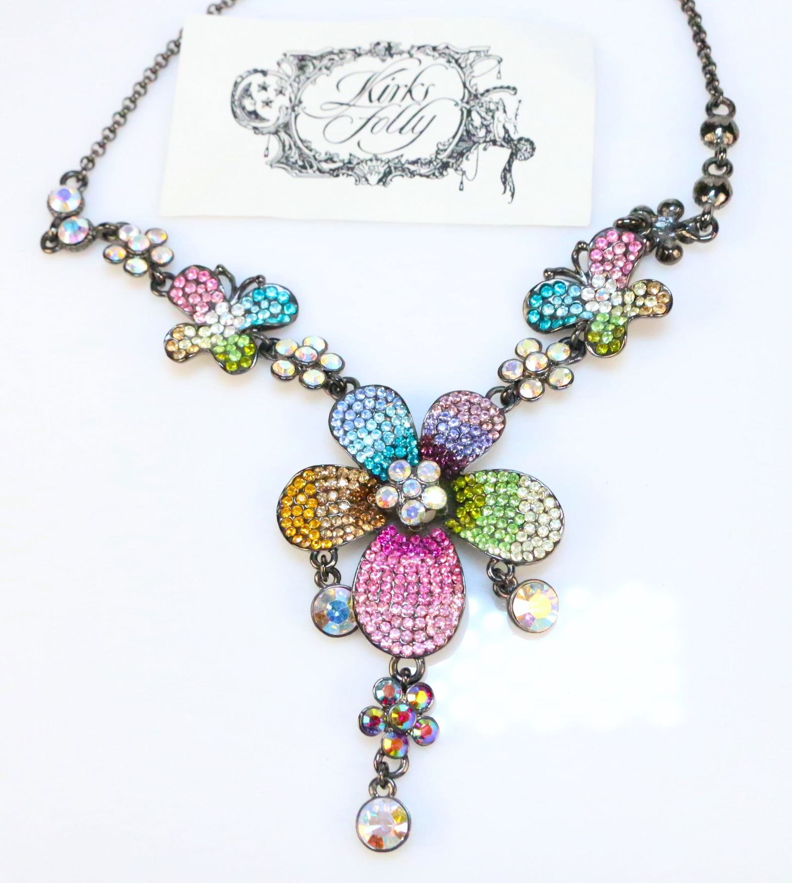 NEW Kirks Folly Rhodium Rainbow Color Crystal Daisy & Butterflies Necklace (1 of 3)
