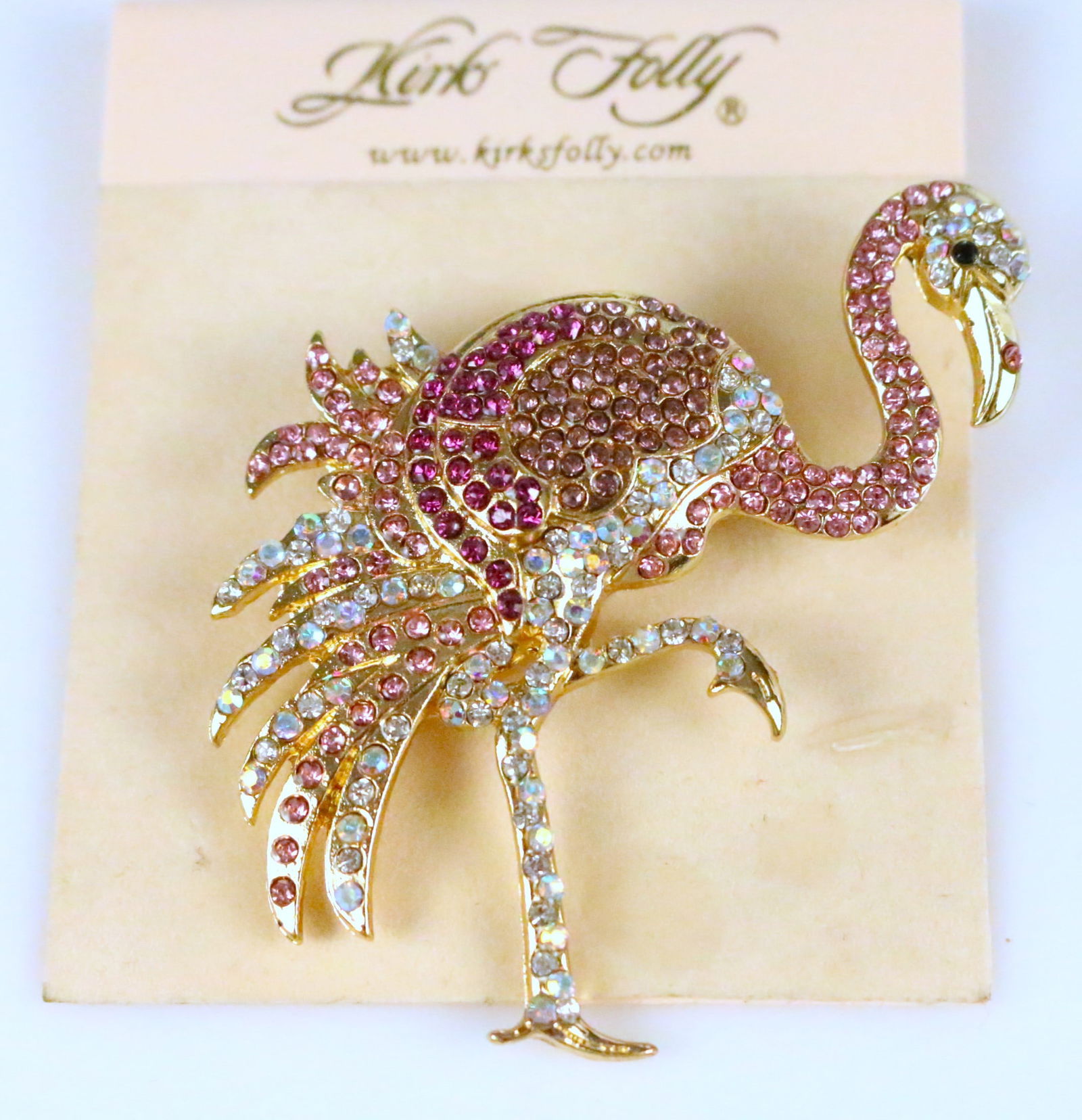 NEW RARE Vintage Kirks Folly Pave Pink Flamingo & Ab crystal Brooch on the USA Card (1 of 3)