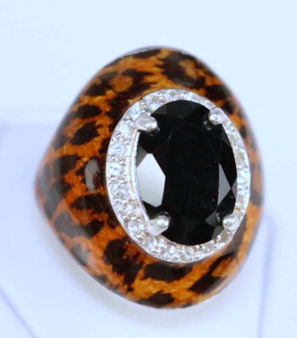 RARE David Sigal HUGE Leopard Enamel Onyx CZ Sterling Silver Cocktail ring size 9.5 (1 of 6)