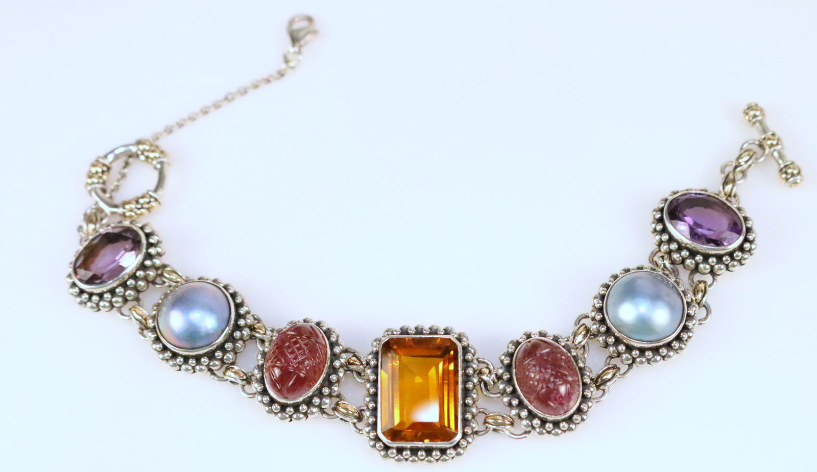 Samuel B Benham BJC 18kt Gold Sterling Silver Multi gemstone link toggle bracelet (1 of 8)