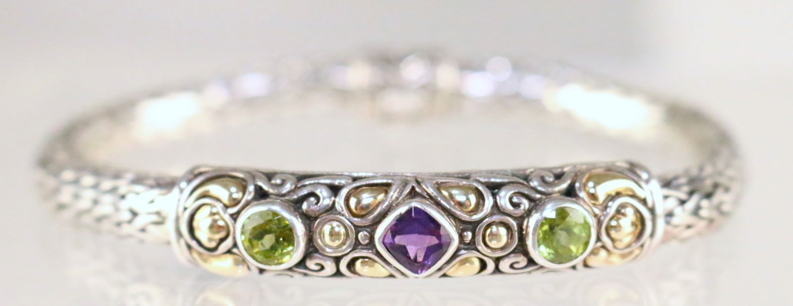 Samuel B Benham BJC 18kt Gold Sterling Silver Tulang Naga gemstone wheat chain bracelet (1 of 8)