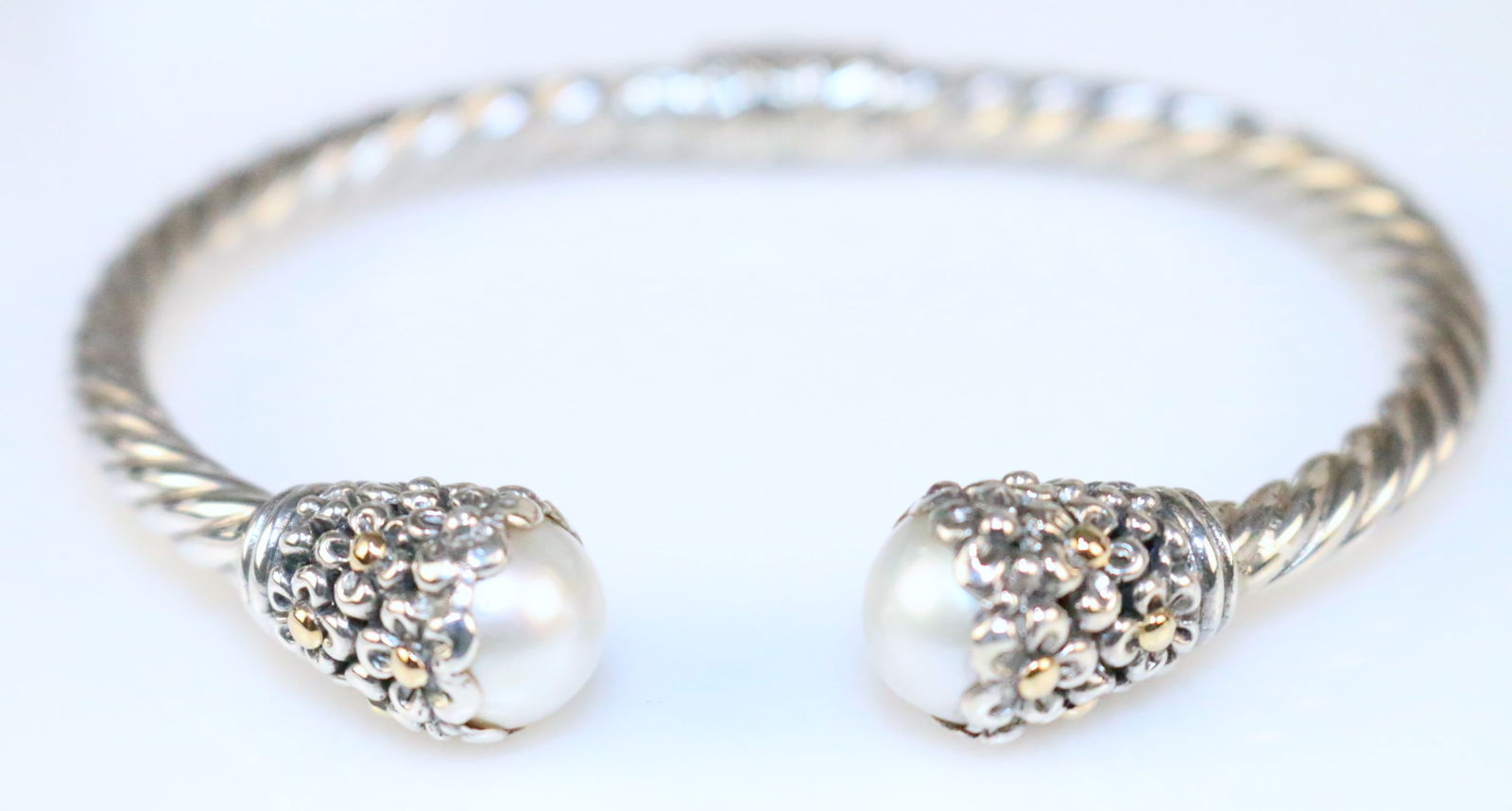 Robert Manse 18kt Gold Sterling Silver Twist Cable Cuff Pearl Bracelet (1 of 5)