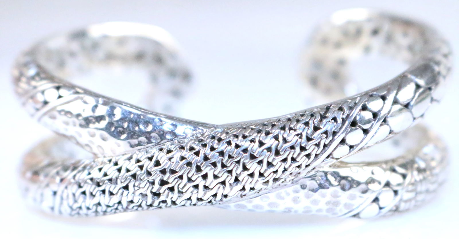 RARE SARDA Sterling Silver Wide Wheat Naga Hammered Dot Basketweave Crossover X Cuff Bracelet (1 of 9)