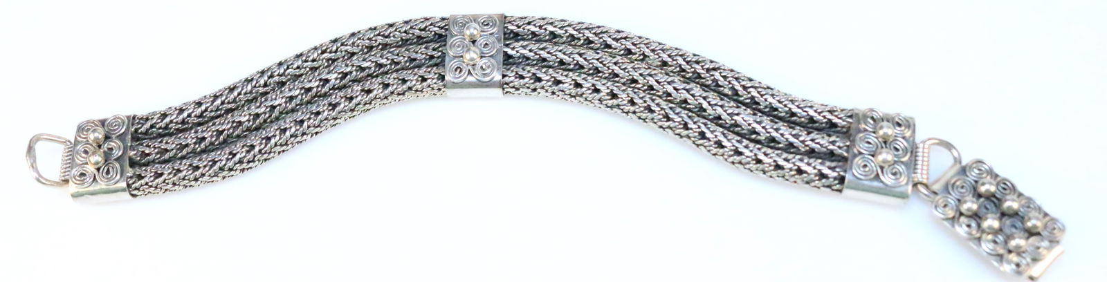 Beautiful Thick 3 wheat chain scroll beaded Bali Design Sterling Silver Heavy Bracelet 74 grams (1 of 7)