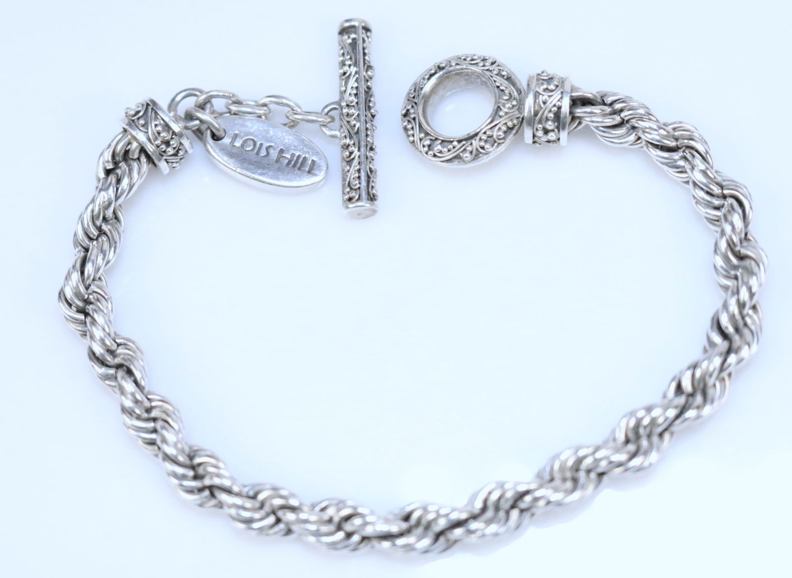 RARE LOIS HILL Solid braided, beaded scroll Signed Sterling Silver Toggle Bracelet (1 of 6)