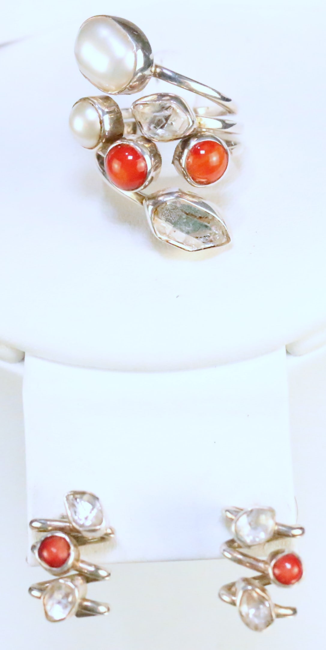 RARE Lilly Barrack Herkimer Diamond Pearl Coral Sterling Silver Ring size 6.5 & Earrings 3 pc lot (1 of 8)