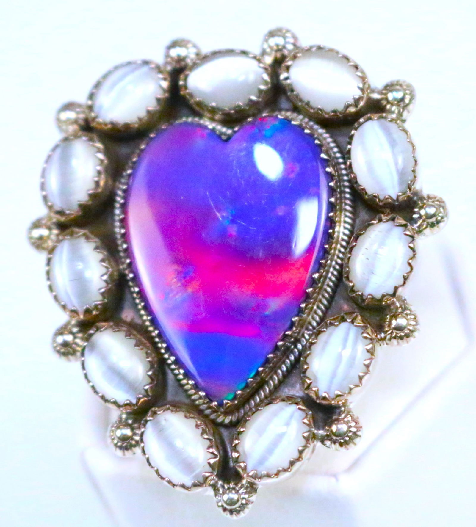 HUGE RARE Aurora Opal Heart  & white cat eye sterling silver ring size 9.25 (1 of 5)