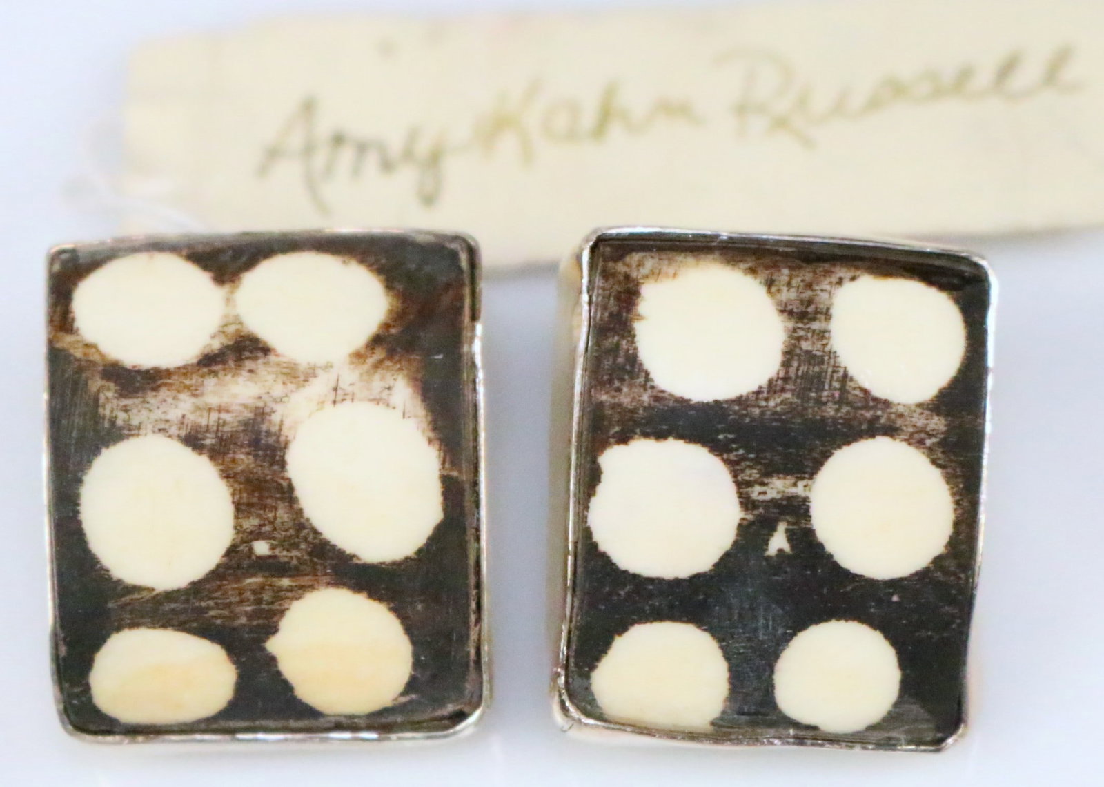 RARE Amy Kahn Russell Sterling Silver Large Brown Ivory Spotted Bone Rectangular Earrings w tag USA: Large shaped curved large clip earrings in bone dark brown with ivory spots set in stolid sterling silver. Measure: 1" x 3/4". With the tag All of her handmade USA creations are UNIQUE and one of a ki