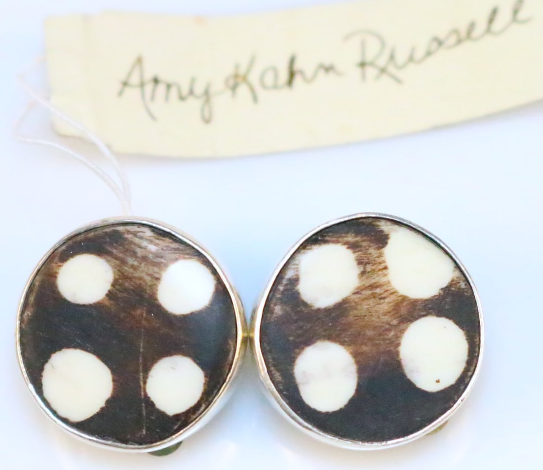 RARE Amy Kahn Russell Sterling Silver Large Brown Ivory Spotted Bone Round Earrings w tag USA: Large shaped curved large ROUND bone dark brown CLIP earrings with ivory spots set in stolid sterling silver. Measure: 1" x 3/4". With the tag All of her handmade USA creations are UNIQUE and one of a