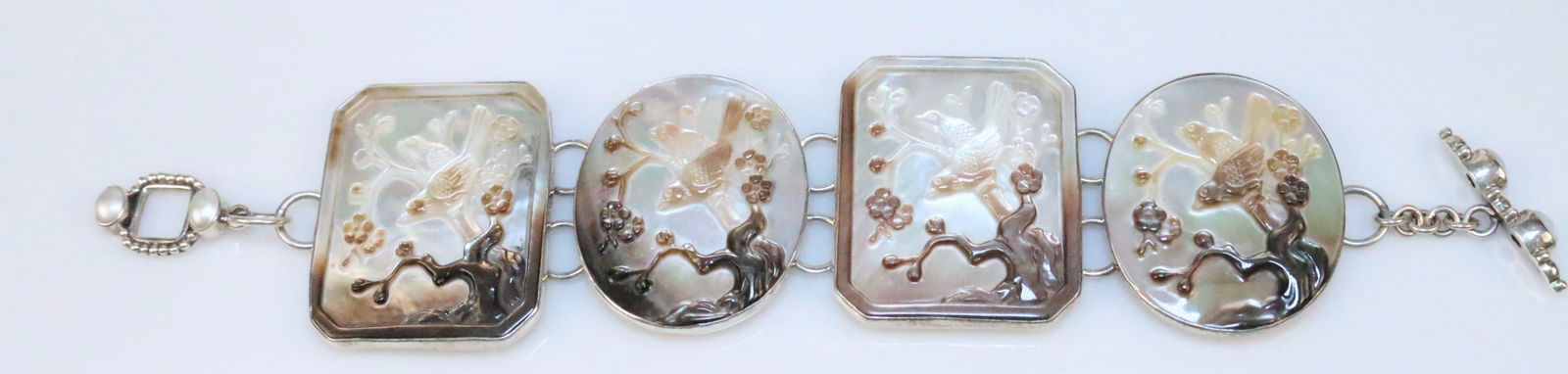 RARE Amy Kahn Russell Sterling Silver Huge Carved MOP birds Panel Bracelet USA (1 of 9)