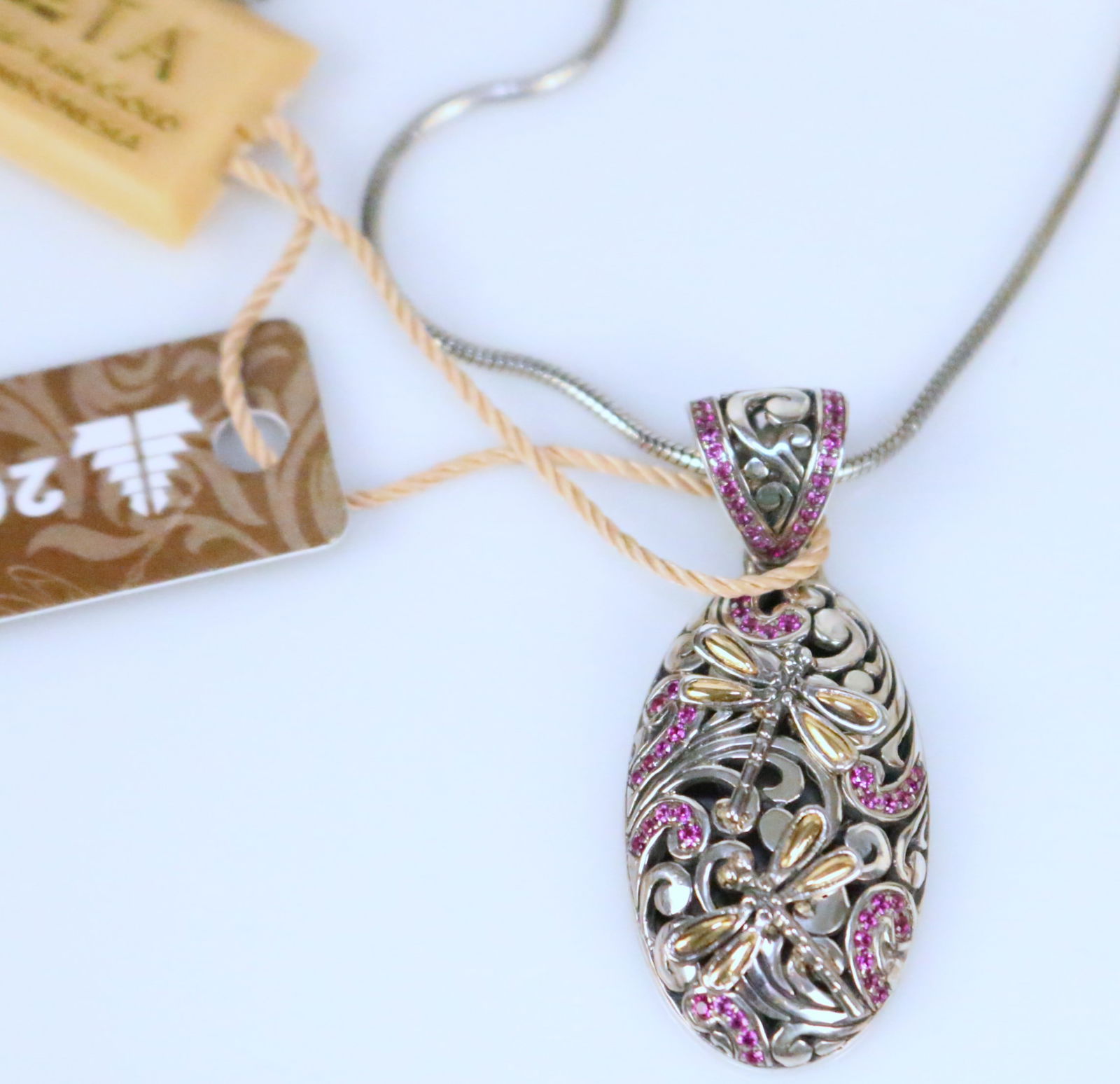 NEW DESIGNER DEVATA Bali 18kt gold Sterling Silver Dragonfly pink topaz Pendant Necklace (1 of 5)