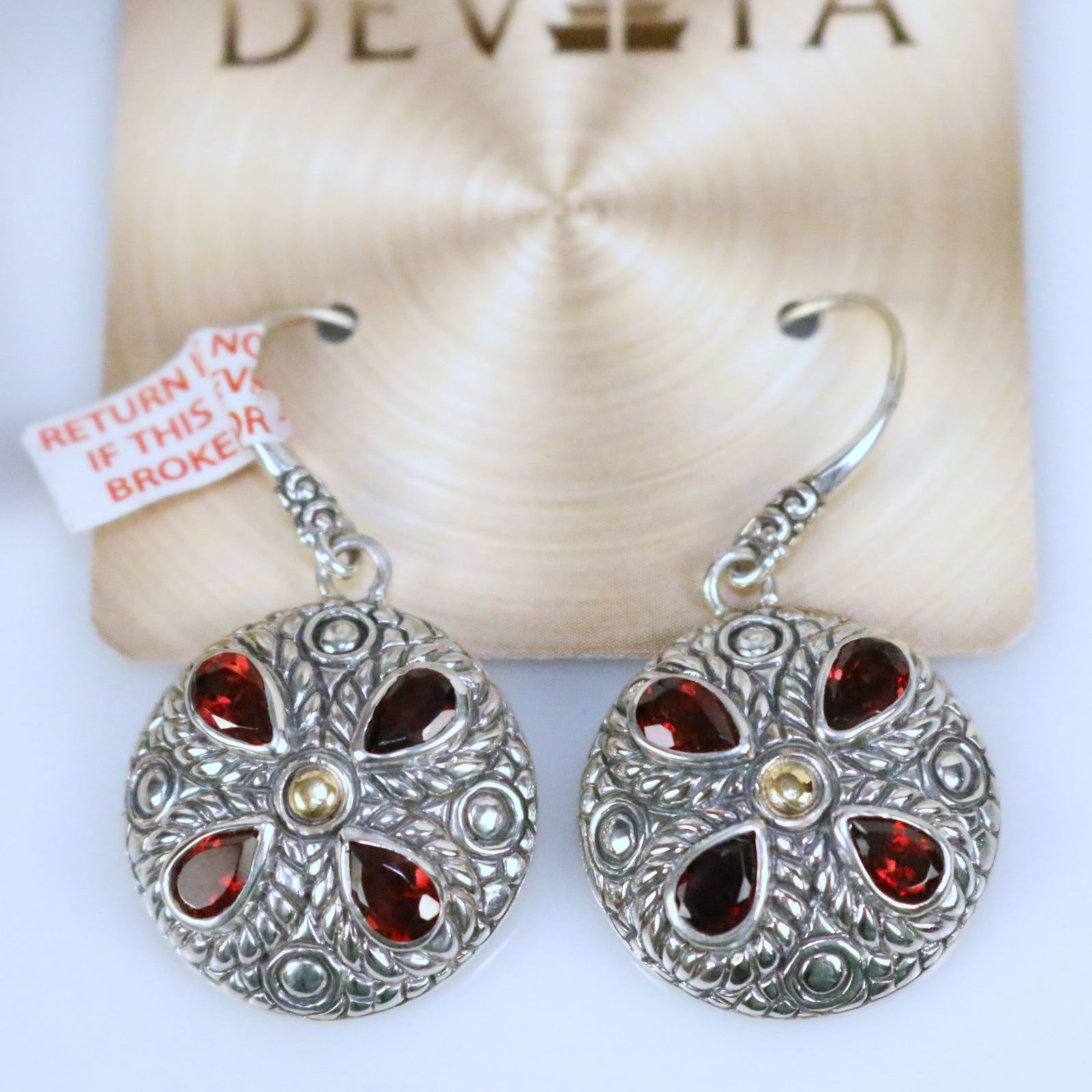 NEW DESIGNER DEVATA Bali 18kt gold Sterling Silver Pink Tourmaline Pierced Earrings 1-5/8" (1 of 5)