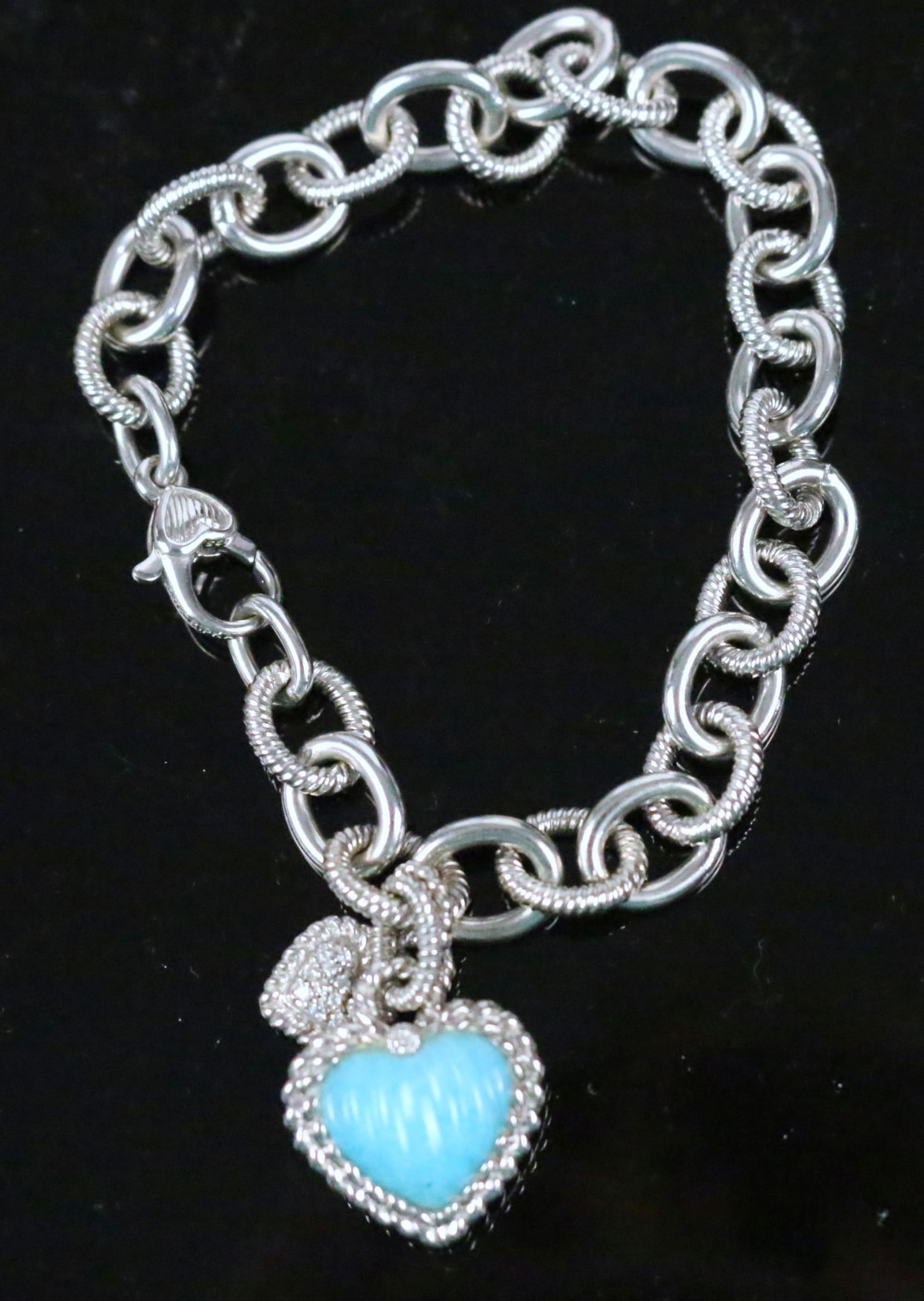 Judith Ripka Sterling Silver Turquoise Blue & CZ double heart charm bracelet (1 of 3)