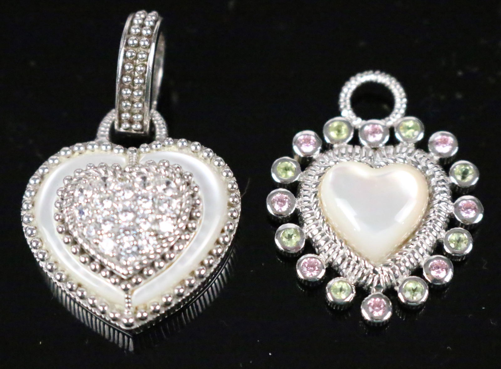 Judith Ripka Lot of 2 Pink tourmaline chrysoprase & MOP Sterling Silver Hearts Pendant Charm (1 of 5)