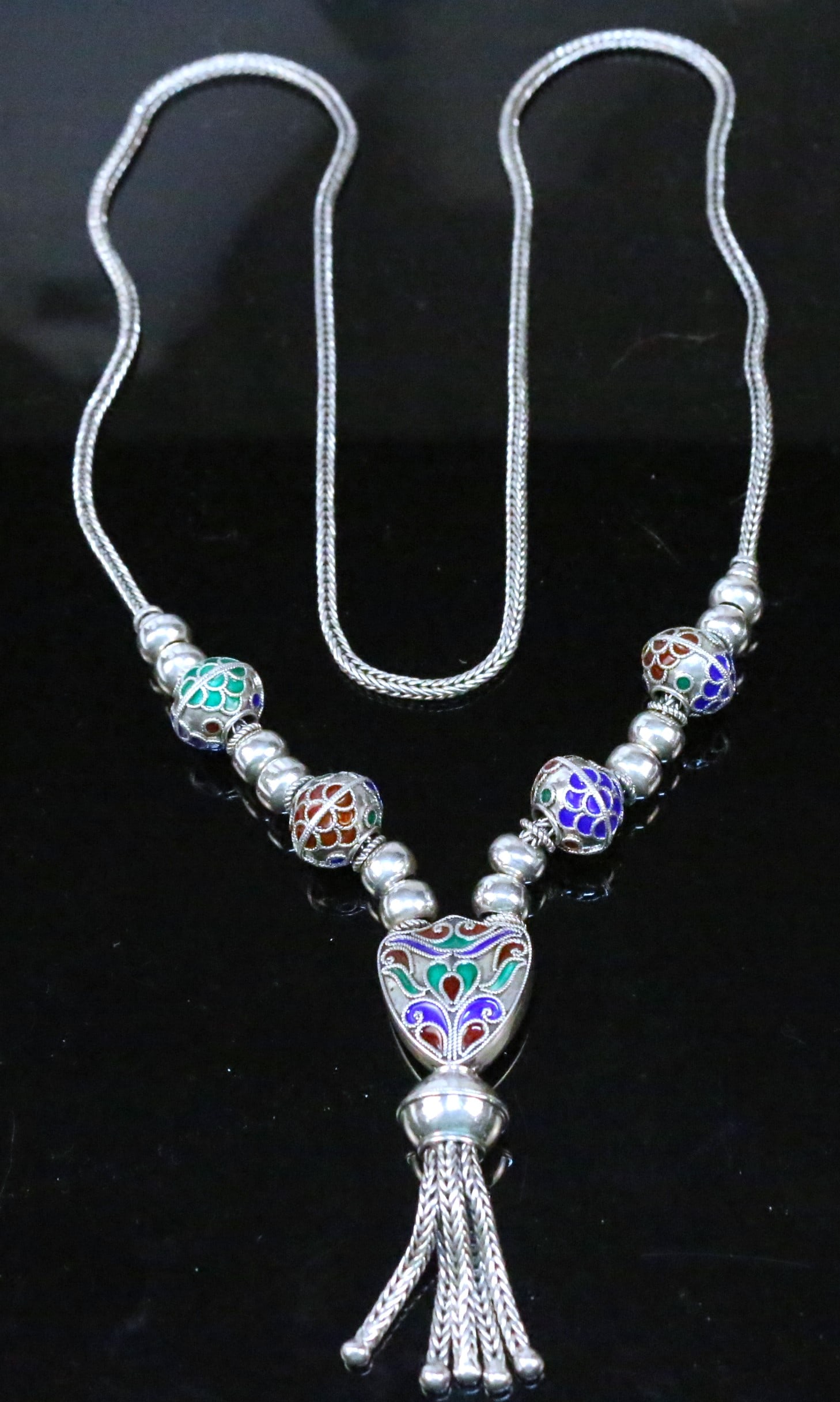 RARE Sterling silver THAILAND Lavalier colored enamel beaded wheat chain pendant necklace. (1 of 7)