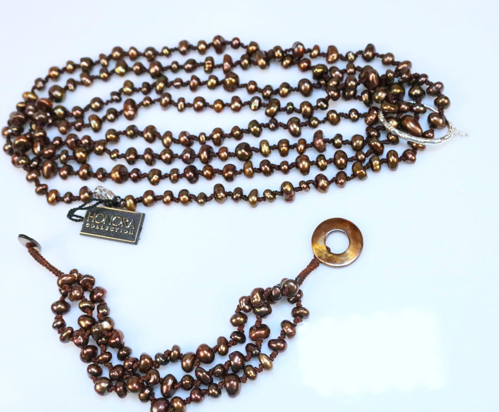 NEW Honora Freshwater Cultured Pearl Sterling Silver 66" Copper Brown necklace bracelet set. (1 of 8)