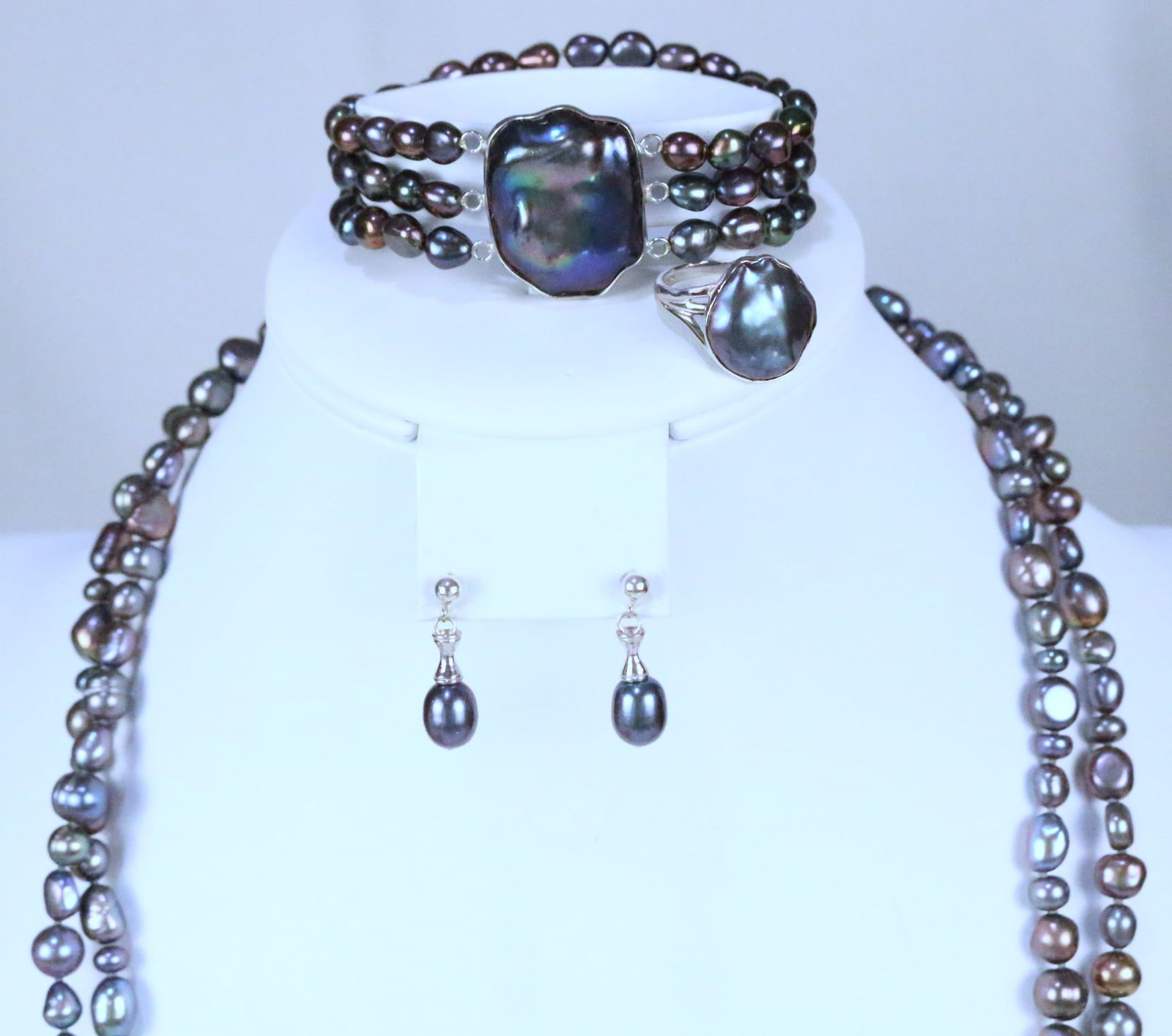 NEW Honora Freshwater Cultured Peacock Pearl Sterling Silver 6 pc Necklace bracelet Ring Earrings (1 of 6)