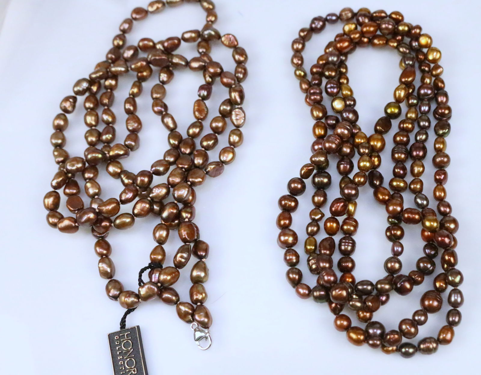 NEW Honora Freshwater Cultured Copper Brown Pearl Sterling Silver Lot of 2 long necklaces.: These are 2 very long fabulous necklaces that can be worn separately or together to create a torsade or any length and combination. So many options! Beautiful shades of brown, coper and gold in a vari