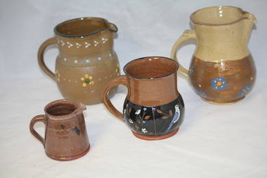 Vintage Russell Henry Left Handed Red Clay Folk Art Pottery Pitchers & Mug Lot of  4