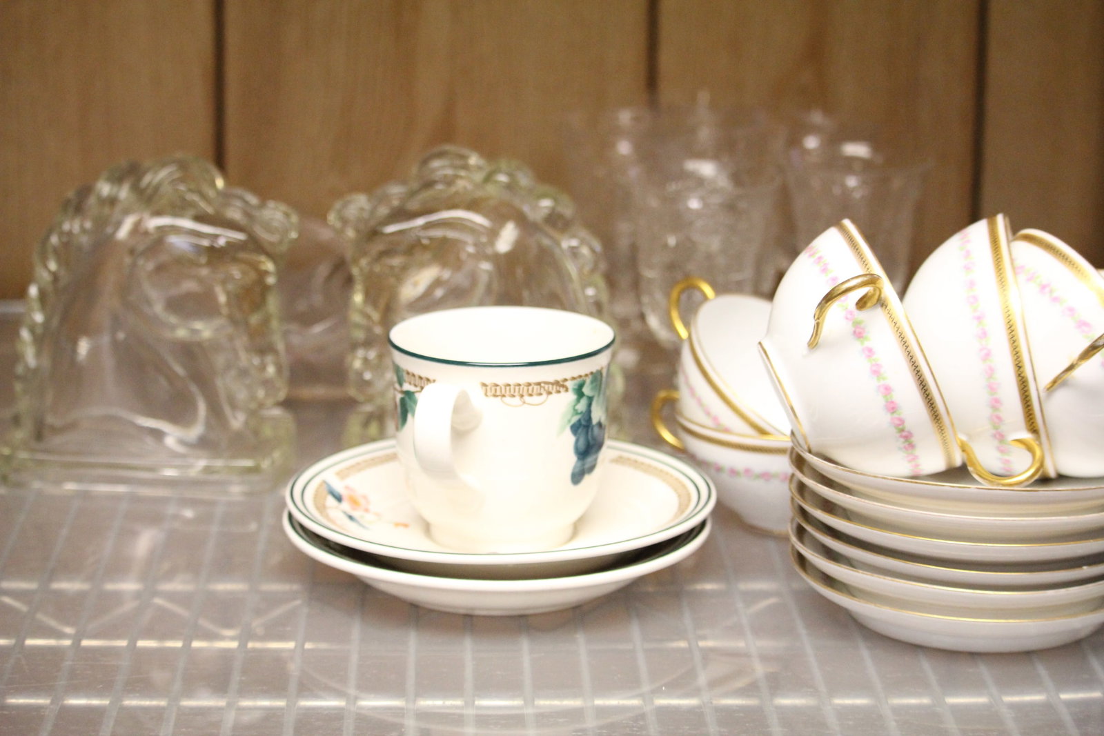 Vintage Glassware and Mug & Saucers, Pair of Glass Horses Lot of 26: Approx. 2"-6" varing sizes. Vintage Glassware and 9 Mug & 8 Saucers , mix-matched.2 Large Glass horses.