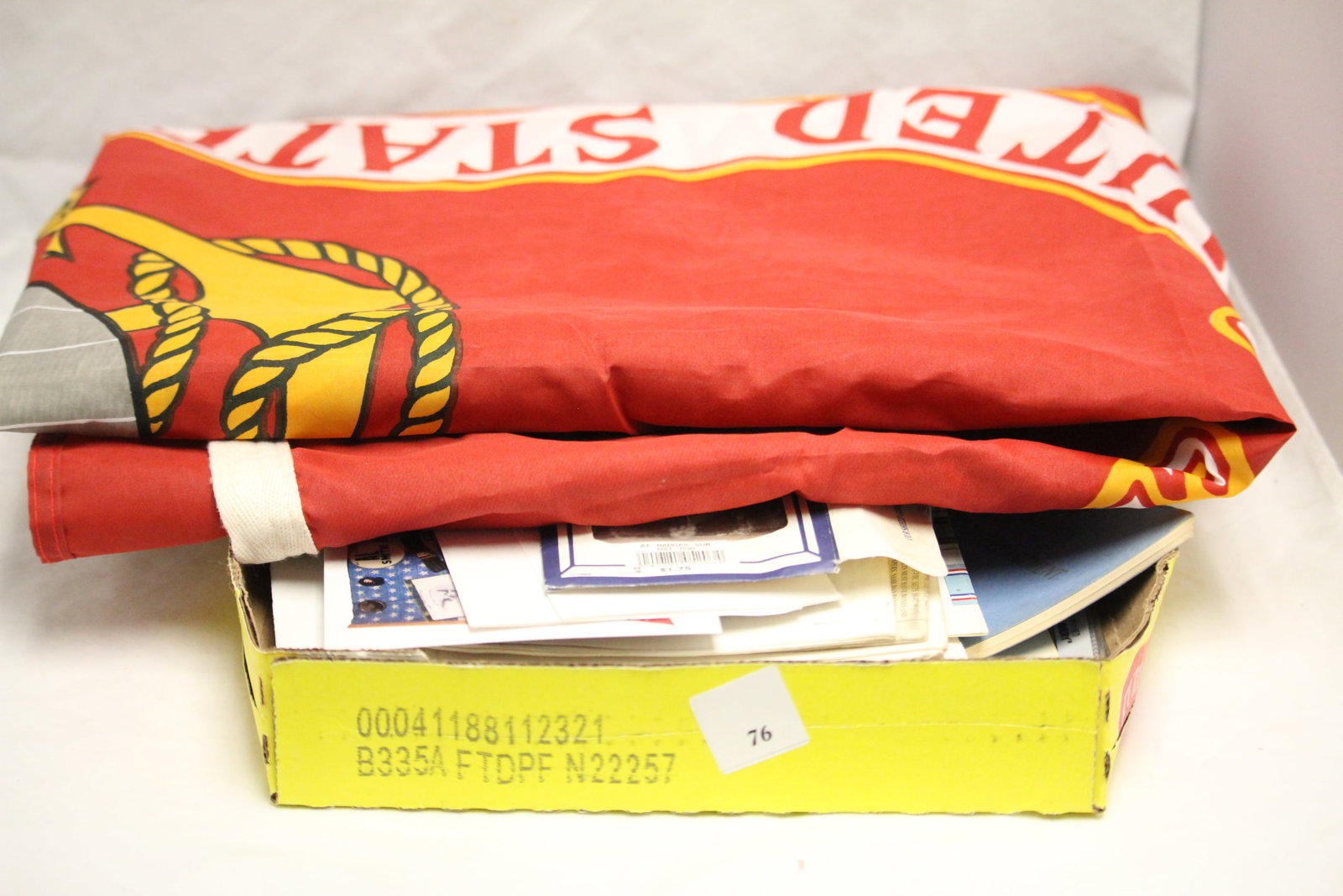 Military Mixed Lot Marine Crop Flag, Ephemera, awards: Vintage Mixed lot of brochures, awards, some filled in others are blank to be filled in , patches, clippings & flag