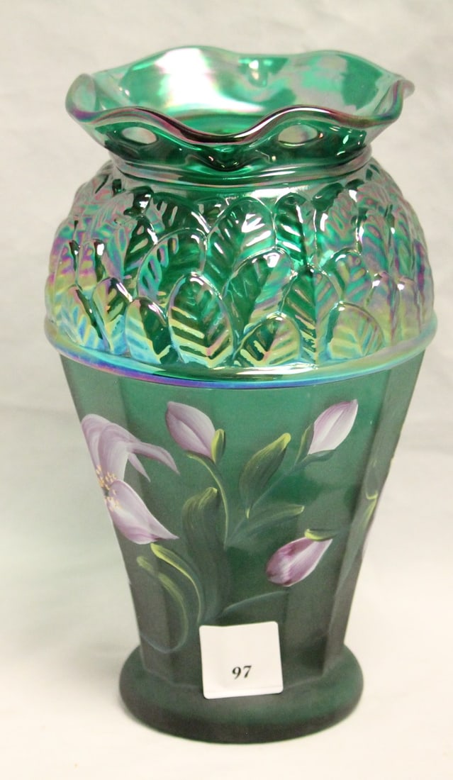 Fenton Designer Showcase Series Vase, Green Iridescent, Hand Painted. (1 of 5)