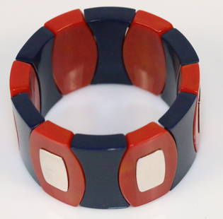 Vintage Yves Saint Laurent YSL by Robert Goossens Art Deco style red and blue Bakelite stretchy: PERFECT condition! Tight Elastic. Gorgeous RARE Vintage bracelet. Measures: