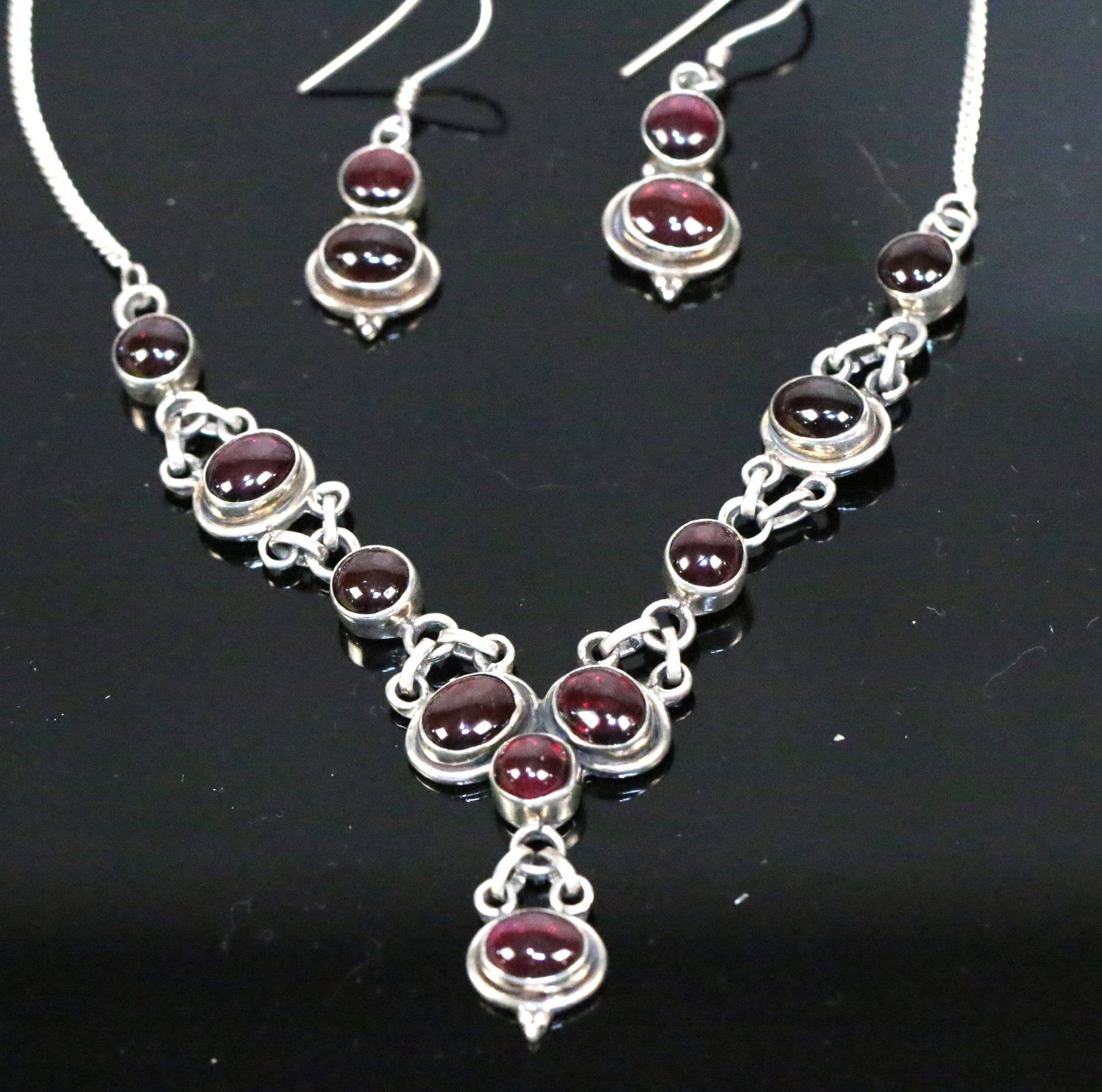 Vintage Garnet Sterling Silver Lavalier Necklace & Earrings Set (1 of 5)
