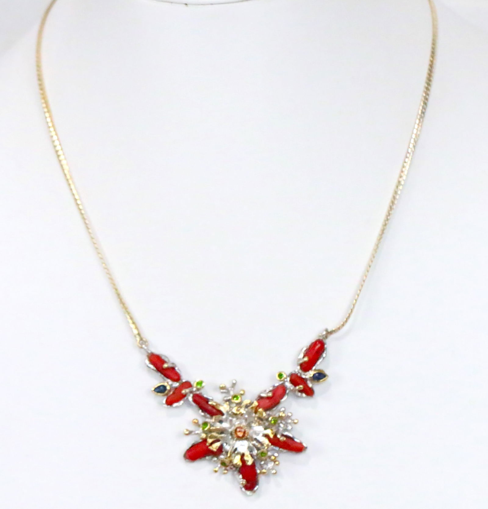 RARE NEW Sterling silver & Gold Plate Adriatic Sea coral, emerald & sapphire necklace (1 of 4)