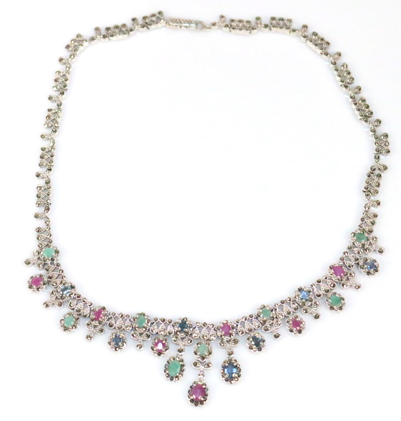RARE NEW  Magnificent Royalty Maharaja Emerald Sapphire and Ruby Sterling silver necklace. (1 of 7)