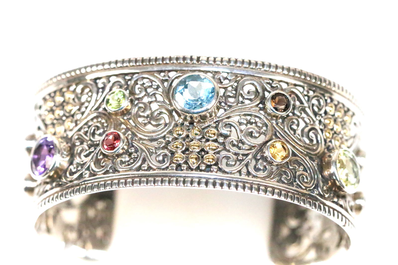 NEW 18kt Gold & Sterling Silver Multi gemstone Wide Scroll BJC Samuel Benham Cuff Bracelet (1 of 5)