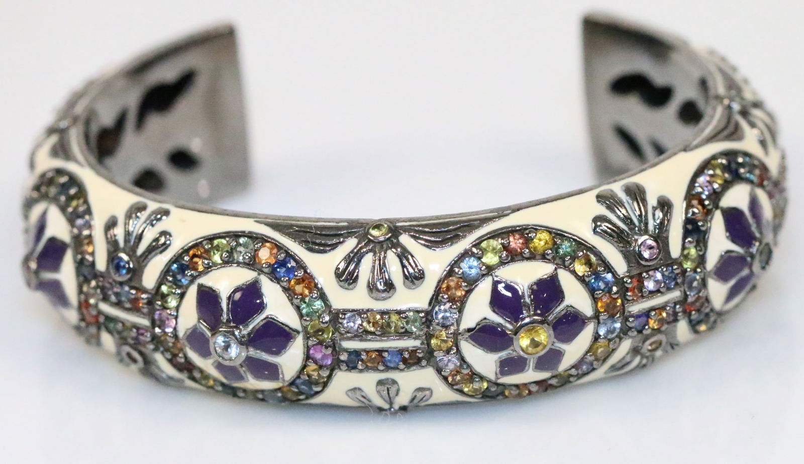 Matthew Campbell Laurenza MCL Ivory Enamel Multicolor Sapphire Sterling Silver Cuff (1 of 6)