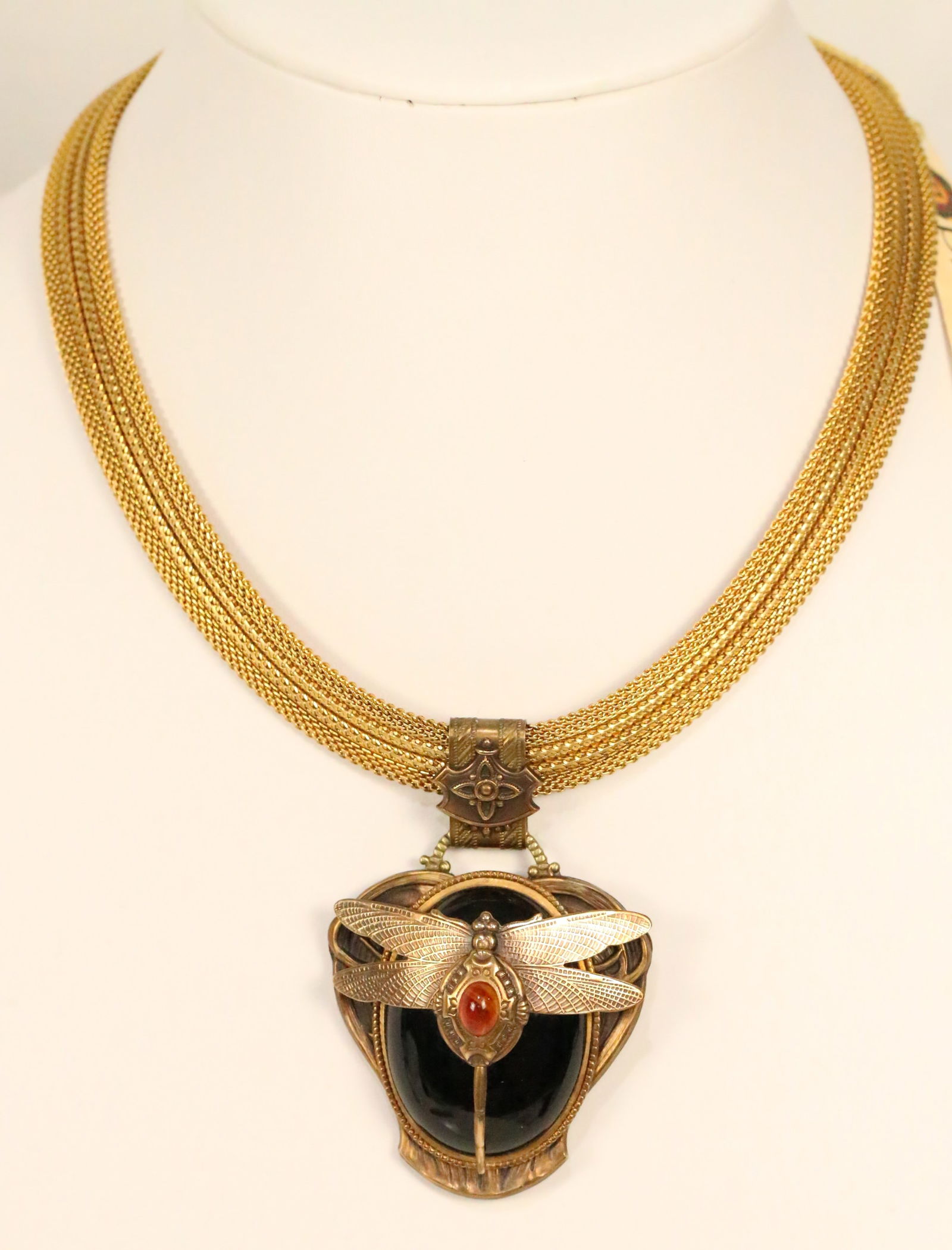 NEW Patrice Designer Huge Onyx Dragonfly Pendant Brass on Gold Plated chain. Matches lot  67 (1 of 5)