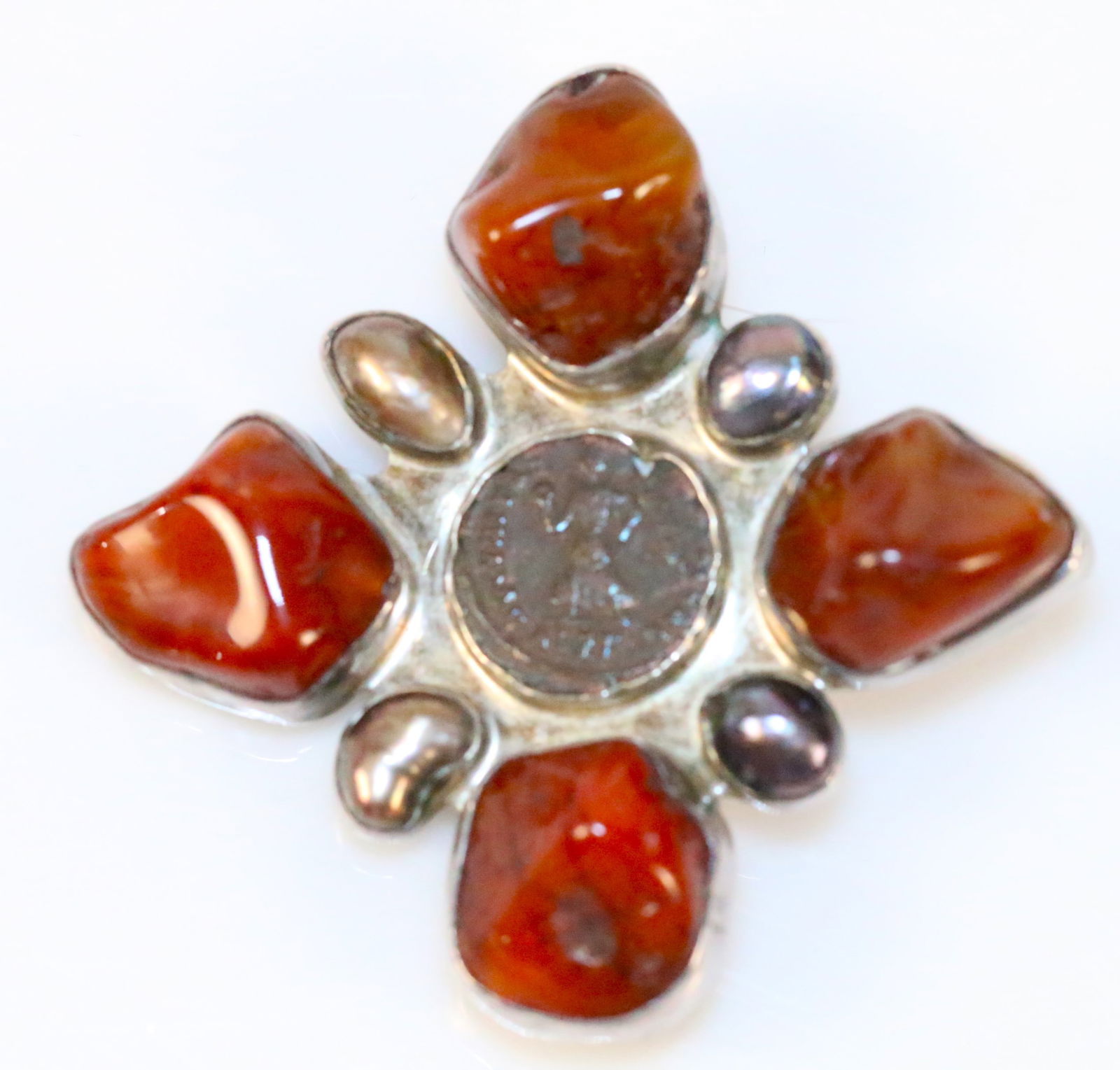 Rebecca Collins OOAK Maltese Cross Sterling Silver Carnelian Pearl Antique Coin Brooch (1 of 4)