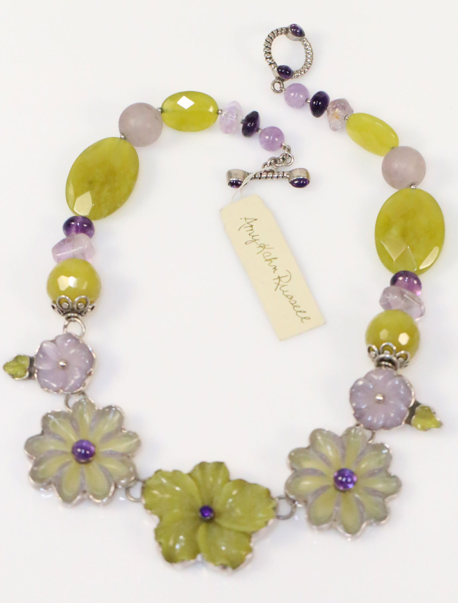 RARE Amy Kahn Russell Hand carved Serpentine Amethyst Floral Necklace (1 of 8)