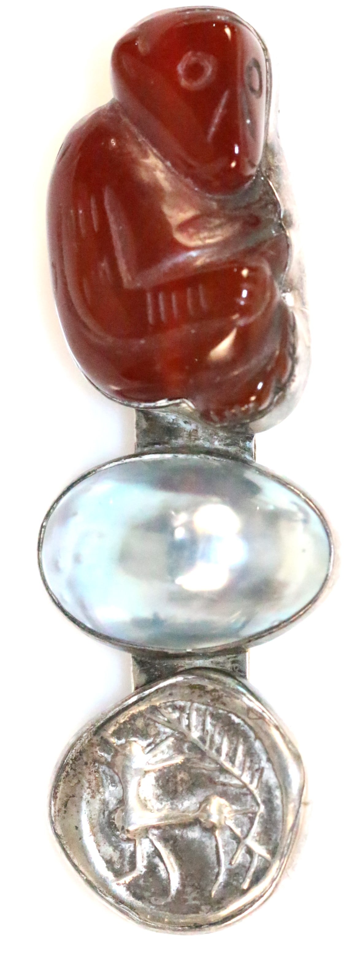 RARE Rebecca Collins Hand carved Carnelian Monkey, Pearl Ancient Coin brooch (1 of 5)