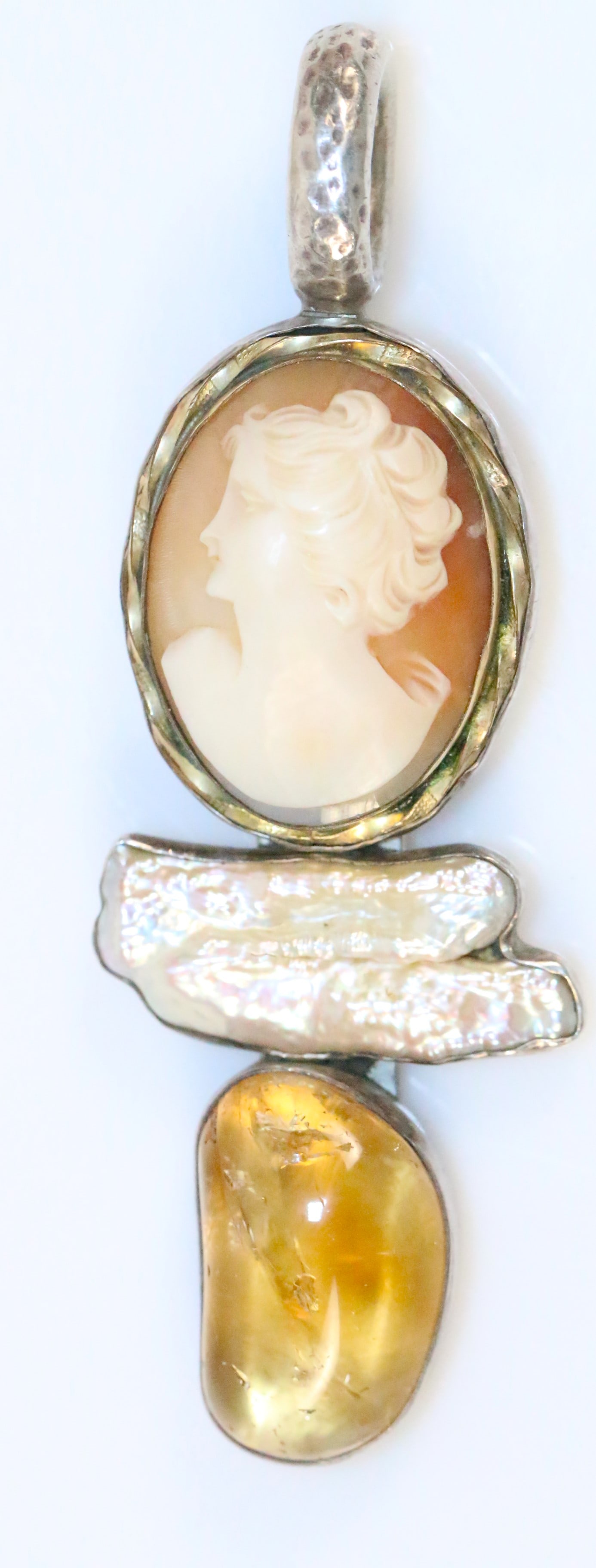 RARE Rebecca Collins antique gold filled Cameo pearl amber large pendant (1 of 6)