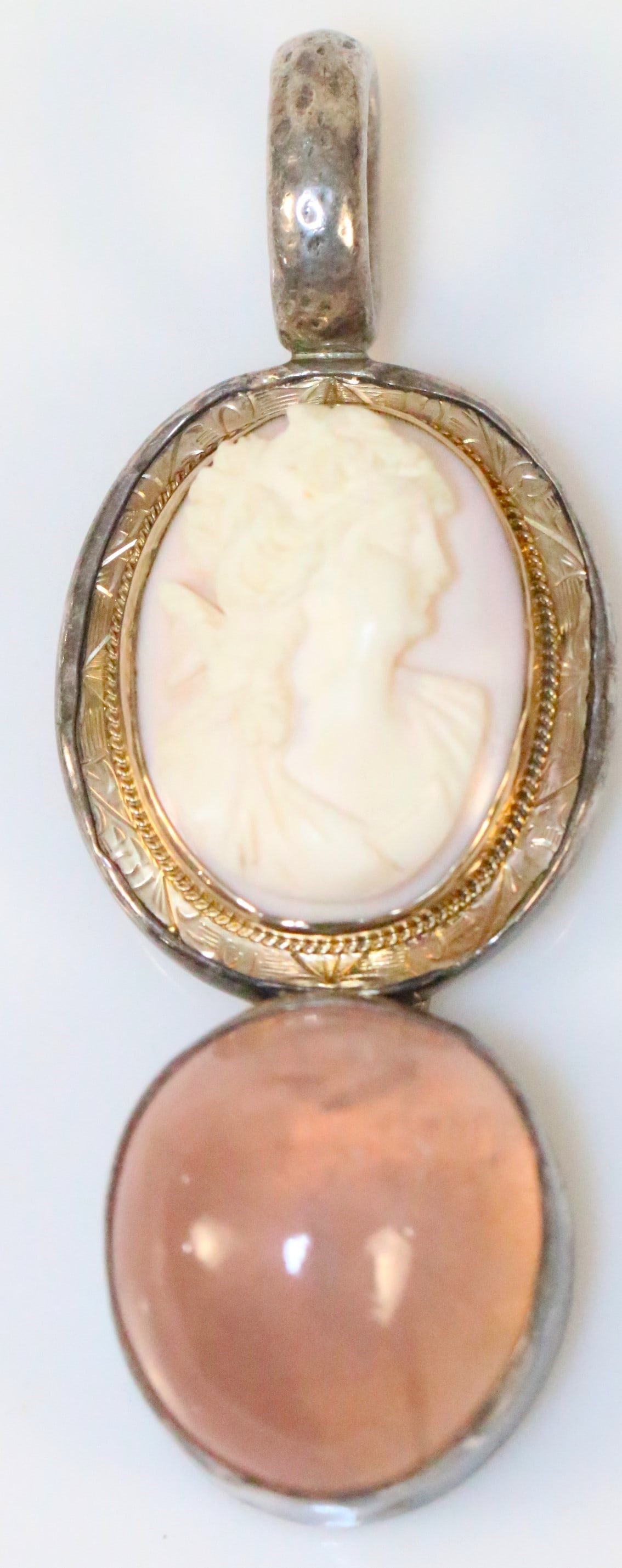 RARE Rebecca Collins antique gold filled Cameo & Rose quartz large pendant (1 of 5)