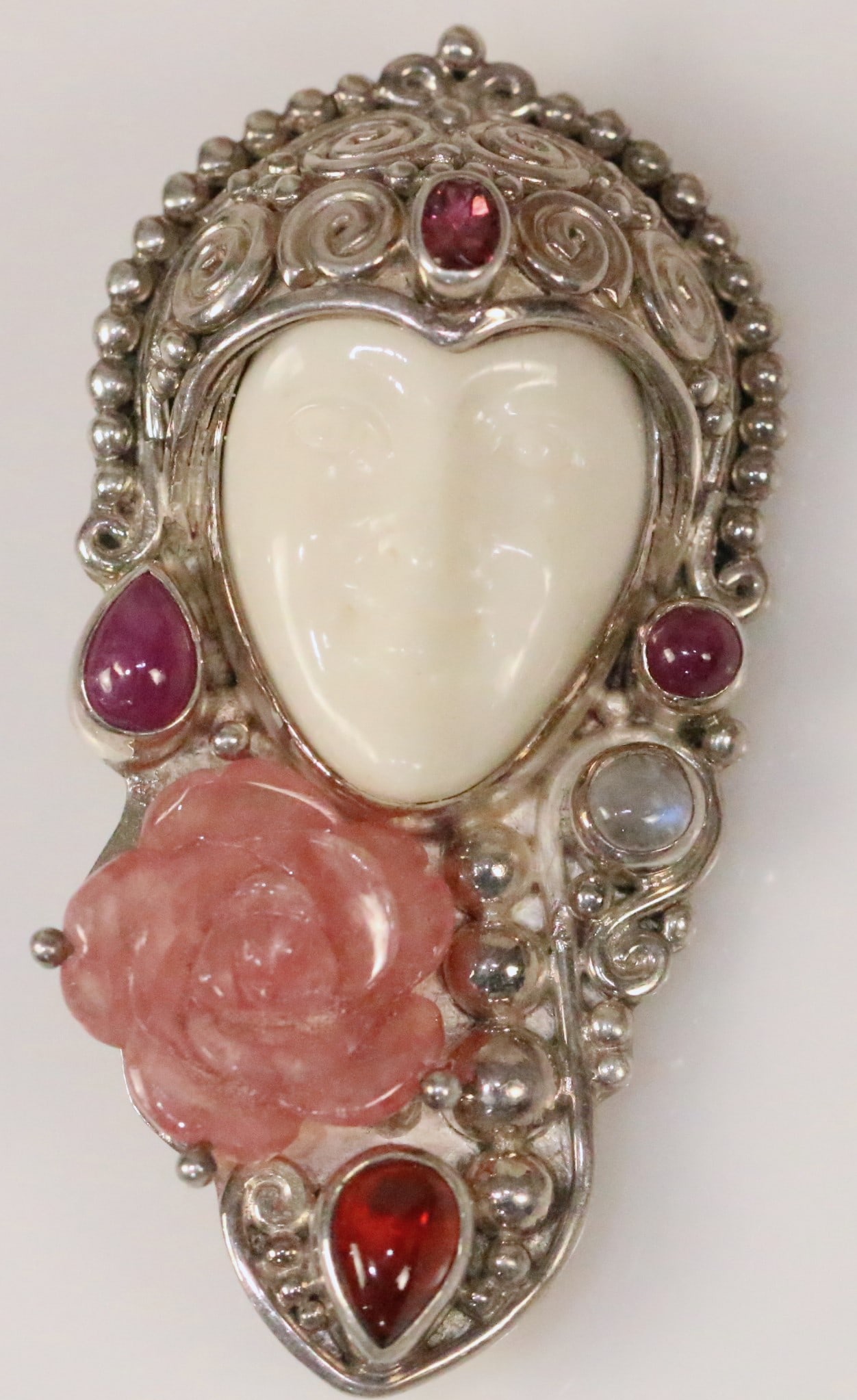 Gorgeous Sajen Goddess carved Rose Sterling silver Gemstone Brooch Pendant (1 of 5)