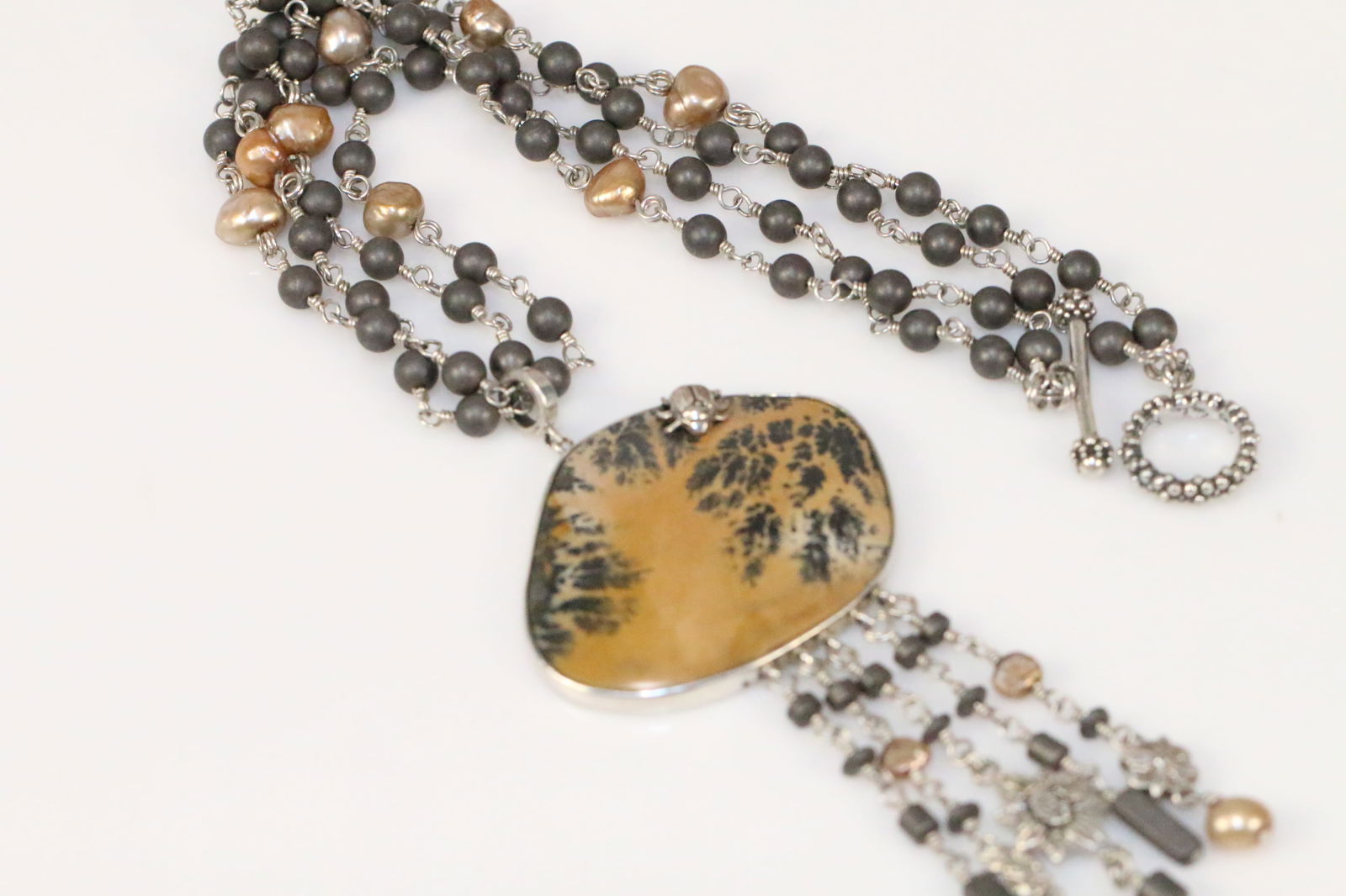 STEPHEN DWECK OOAK Dendritic Agate & Pearl Tassel Sterling Double Necklace 30" (1 of 8)