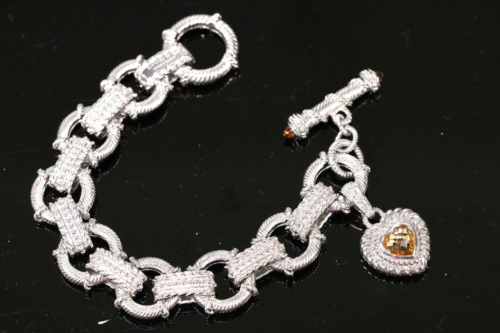 Judith Ripka Sterling Silver Hefty Textured Link citrine Heart Charm Bracelet (1 of 6)