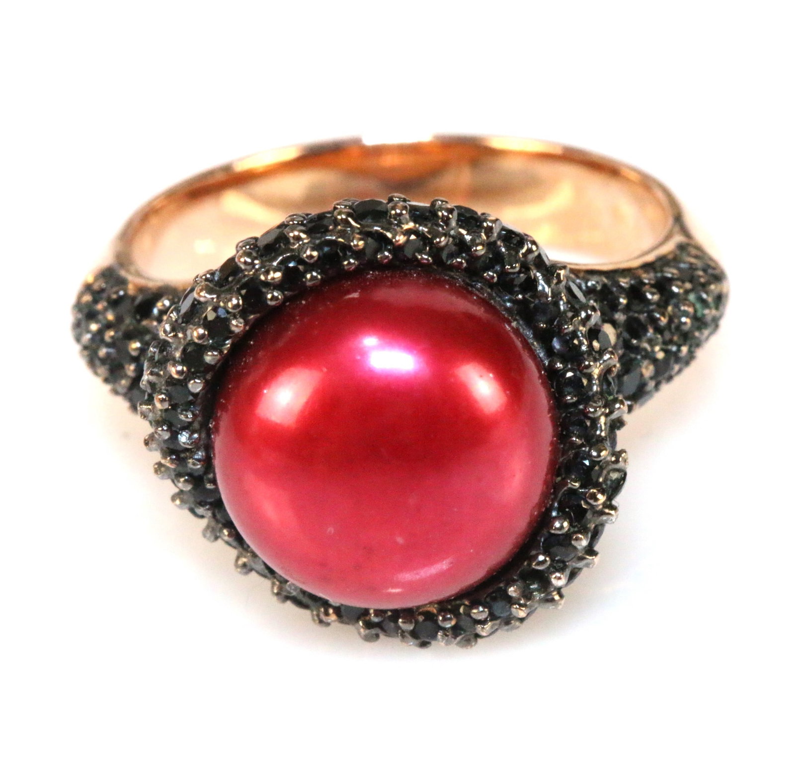 NEW HONORA Genuine Red Button Pearl Spinel Bronze Ring Sze 9.25: Stunning large red button pearls with a swirled halo and sides of black spinel's set in shiny bronze. This is a fabulous combination. Ring is hallmarked H for Honora Bronze Italy. Button pearls measur