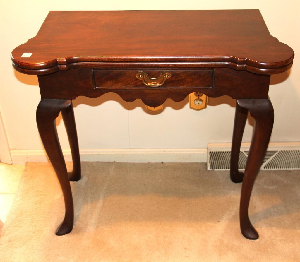 Beacon Hill; One drop side folding queen anne cabriole legs, curved rounded corners: Beacon Hill; Flame Mahogany; 32" long x 16" wide (closed) 64"long x 32" wide (opened)