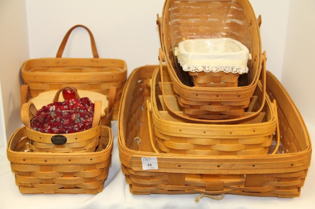 Longaberger Baskets Lot of 8: Longaberger Baskets Lot of 8 including serving. cracker, small key, medium key, vegetable, wooden divider, button with wooden lid. Handwoven Dresden, Ohio, USA.