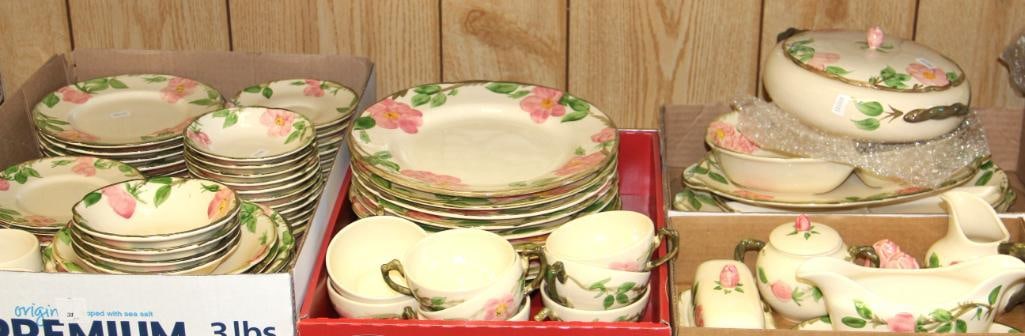 Lot of Franciscan Desert Rose Dinnerware & Serveware USA & ENGLAND: Lot of Franciscan Desert Rose Dinnerware. Made in USA & England. Includes: Dinner plates, salad plates, dessert plates, cups & saucers, tea cups, butter dish, sugar, gravy boat, salt & pepper, sm. Pit