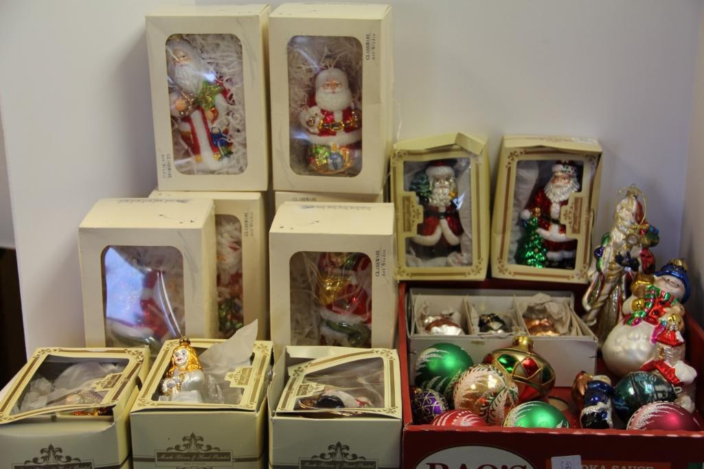 NEW HUGE Lot 20+ Blown Glass Christmas Ornaments made in Poland: Lot of 26 Vintage Christmas Glass Ornaments. Some in original boxes & Handcrafted in Poland. Approx. range of sizes from 2" h to 6" full size ornaments